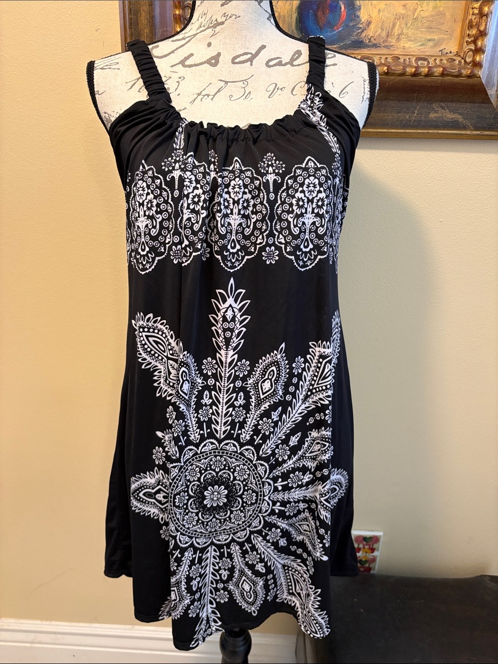 Bohemian Printed Sleeveless ruched neckline stretchy straps coverup dress